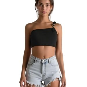 SHEIN Black Asymmetrical Crop Top Medium Chain Detail Tank